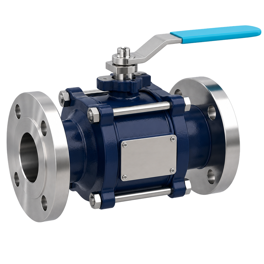 3D render of a flanged industrial ball valve